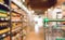 Empty green supermarket shopping cart with abstract blur grocery store aisle