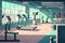 Empty Gym Interior with Sport and Fitness Equipment Training Club with Running Track or Treadmill, Exercise Bike, Bench and