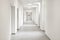 empty hallway, very long corridor with many doors for rooms of hospital, hotel, school or laboratory, building with many office,