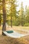 Empty hammock hanging from pine tree in backyard forest. Relaxing summer afternoon camping vacation background concept