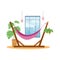 Empty hammock at home, flat vector illustration. Pink stripped swing net for relax and work at home office.