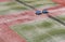 Empty hard green tennis court with net