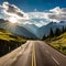 empty highway stretches ahead with parallel lines disappearing into the great landscape.