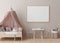 Empty horizontal picture frame on cream wall in modern child room. Mock up interior in scandinavian style. Free, copy