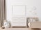 Empty horizontal picture frame on white wall in modern child room. Mock up interior in scandinavian style. Free, copy