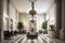 empty hotel lobby with grand chandelier, elegant furniture and marble flooring