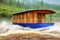 Empty houseboat is swept away in a storm by the raging brown river with foaming spray, eddies and waves, made with generative AI