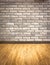 Empty interior perspective with grunge brick wall and wood parquet