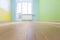 Empty kids room interior background with color walls, shallow depth of focus