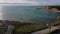 Empty Kingsgate Beach and Castle on the cliffs above the Bay, on cloudy autumn morning