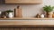 Empty kitchen wooden countertop with blurred kitchen on background. Mockup for the presentation of product