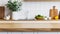 Empty kitchen wooden countertop with blurred kitchen on background. Mockup for the presentation of product