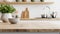 Empty kitchen wooden countertop with blurred kitchen on background. Mockup for the presentation of product