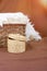 Empty knitted basket.Basket on brown background