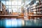 Empty library interior with bookshelves and tables. Blurred background, blurry college library. Bookshelves and a classroom in