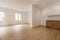 Empty living room with open kitchen with chestnut wood furniture,