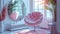 an empty living room with the sun on the window sill and pink chairs