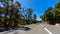 Empty long mountain road to the horizon on a sunny summer day at bright sunset