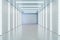 Empty long white gallery with fluorescent lights and a blank white wall in the background, concrete floor and brick walls,