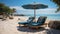 Empty lounge chairs with umbrellas. Generative AI