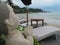 Empty loungers on the beach without people