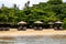 Empty loungers without tourists on the beach