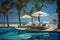 empty loungers umbrellas near the pool with palm trees,rest by the sea, relax under umbrellas on sunbeds, generative ai