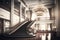 empty luxury hotel lobby with a grand staircase leading to the upper floor and crystal chandelier