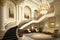 empty luxury hotel lobby with a grand staircase leading to the upper floor and crystal chandelier