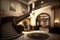 empty luxury hotel reception, with view of the grand staircase and lobby