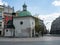 Almost empty Main Square in Krakow during coronavirus covid-19 pandemic. View over St. Wojciech Church