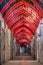 Empty market in Kashan with red and black flags during Ashura