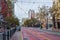 Empty Market Street in San Francisco with Tramway Tracks and Colorful Buildings