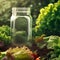 empty mason jar standing in a garden bed densly surrounded by fresh vegetables and salad plants