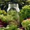 empty mason jar standing in a garden bed densly surrounded by fresh vegetables and salad plants