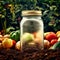 empty mason jar standing in a garden bed densly surrounded by fresh vegetables and salad plants