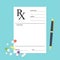 Empty medical prescription Rx form with pills