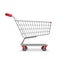 Empty metallic supermarket shopping cart side view isolated on white. Realistic supermarket basket, retail pushcart