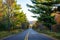 Empty, middle of the road in Bayfield Wisconsin during the fall autumn season. Concept for fall leaf peeping road trips