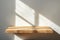 Empty Minimal Natural Wooden Table Counter Podium with Beautiful Wood Grain in Sunlight and Shadow on White Wall for Luxury