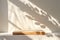 Empty Minimal Natural Wooden Table Counter Podium with Beautiful Wood Grain in Sunlight and Shadow on White Wall for Luxury