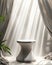Empty minimal round gray marble podium side table in soft white blowing sheer cloth curtain drapery in sunlight for luxury