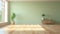 Empty minimalist room in modern apartment. Pistachio wall, hardwood floor, wooden commode with elegant vases, indoor