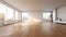 Empty minimalist room in modern apartment. White walls, hardwood floor, white console with elegant vases, indoor plant