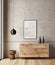Empty mock up poster frame on concrete wall above wooden cabinet. Rustic style interior design of modern living room in farmhouse