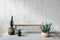 Empty modern bench standing on carpet near potted plants