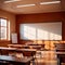 Empty modern classroom with blank whiteboard, bright sunny education environment