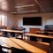 Empty modern classroom with blank whiteboard, bright sunny education environment