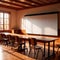 Empty modern classroom with blank whiteboard, bright sunny education environment