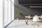 Empty modern conference room with office table and chairs, panoramic window, stone floor and dark walls.